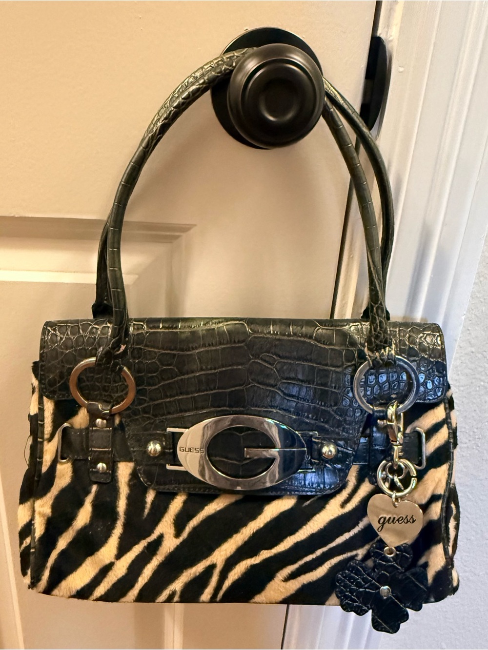 GUESS Black Croc-Accent Zebra Print Satchel